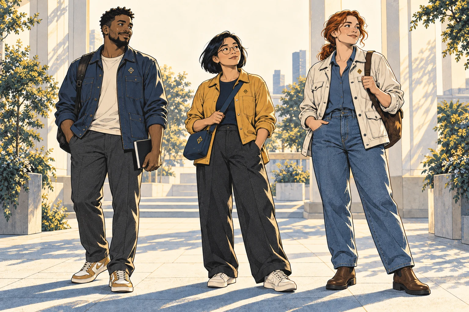 The three Kitewise characters stand together in everyday clothes in a sunlit courtyard.